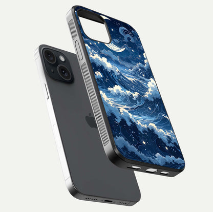 Ocean Moon Waves Glass Case for iPhone 15 floating dual-view mockup showing gloss texture and moon glow