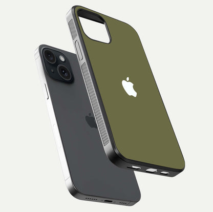 Olive Matte Essence Glass Case for iPhone 15 floating dual-view mockup showing matte gloss and depth