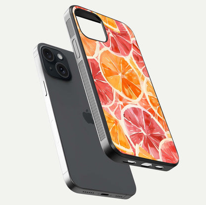 Orange Fruits Pattern Glass Case for iPhone 15 floating dual-view mockup showing gloss reflection and HD tone