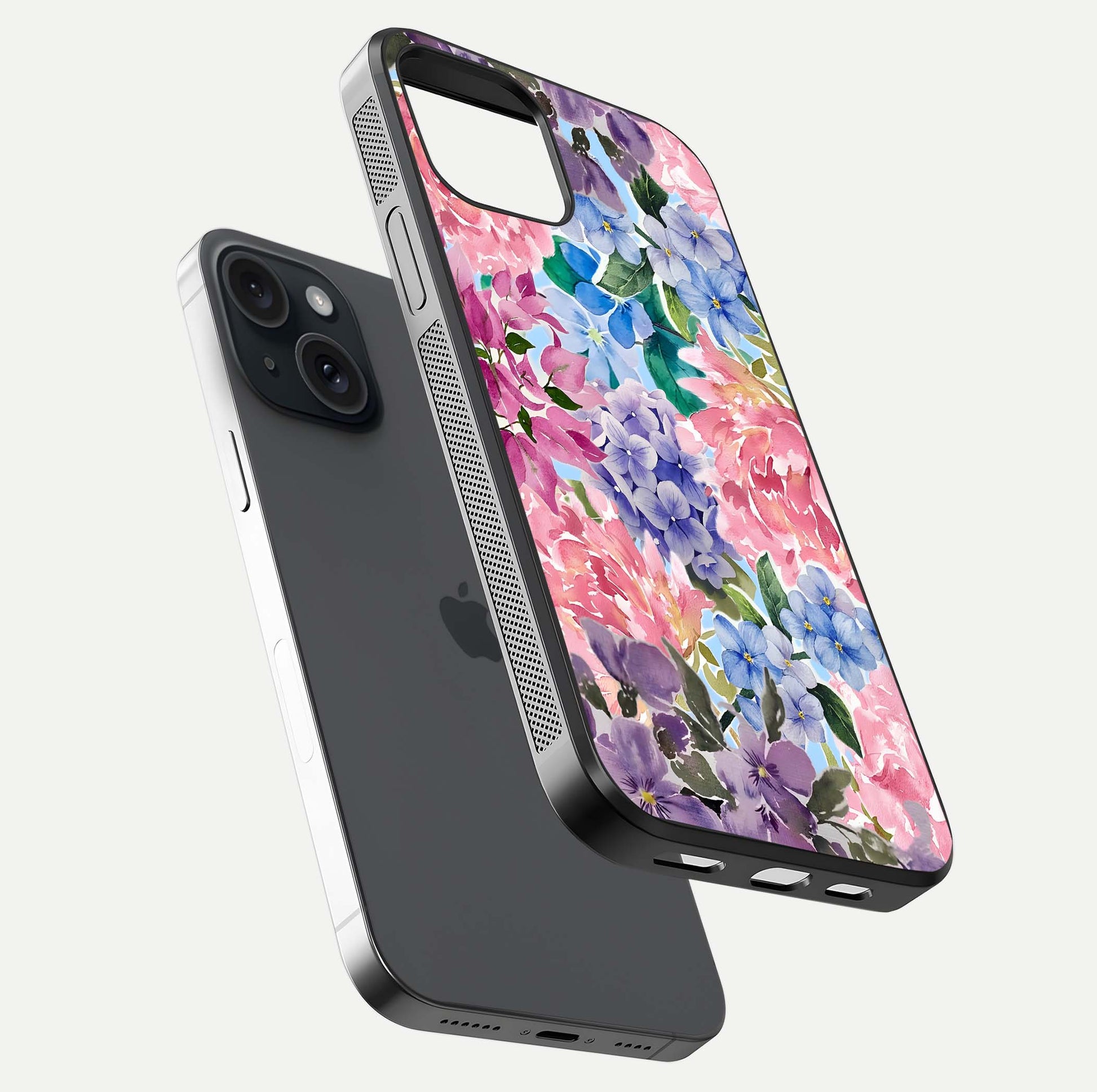 Pastel Floral Mix Glass Case for iPhone 15 floating dual-view mockup showing HD gloss and floral texture