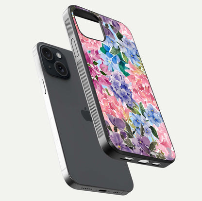 Pastel Floral Mix Glass Case for iPhone 15 floating dual-view mockup showing HD gloss and floral texture