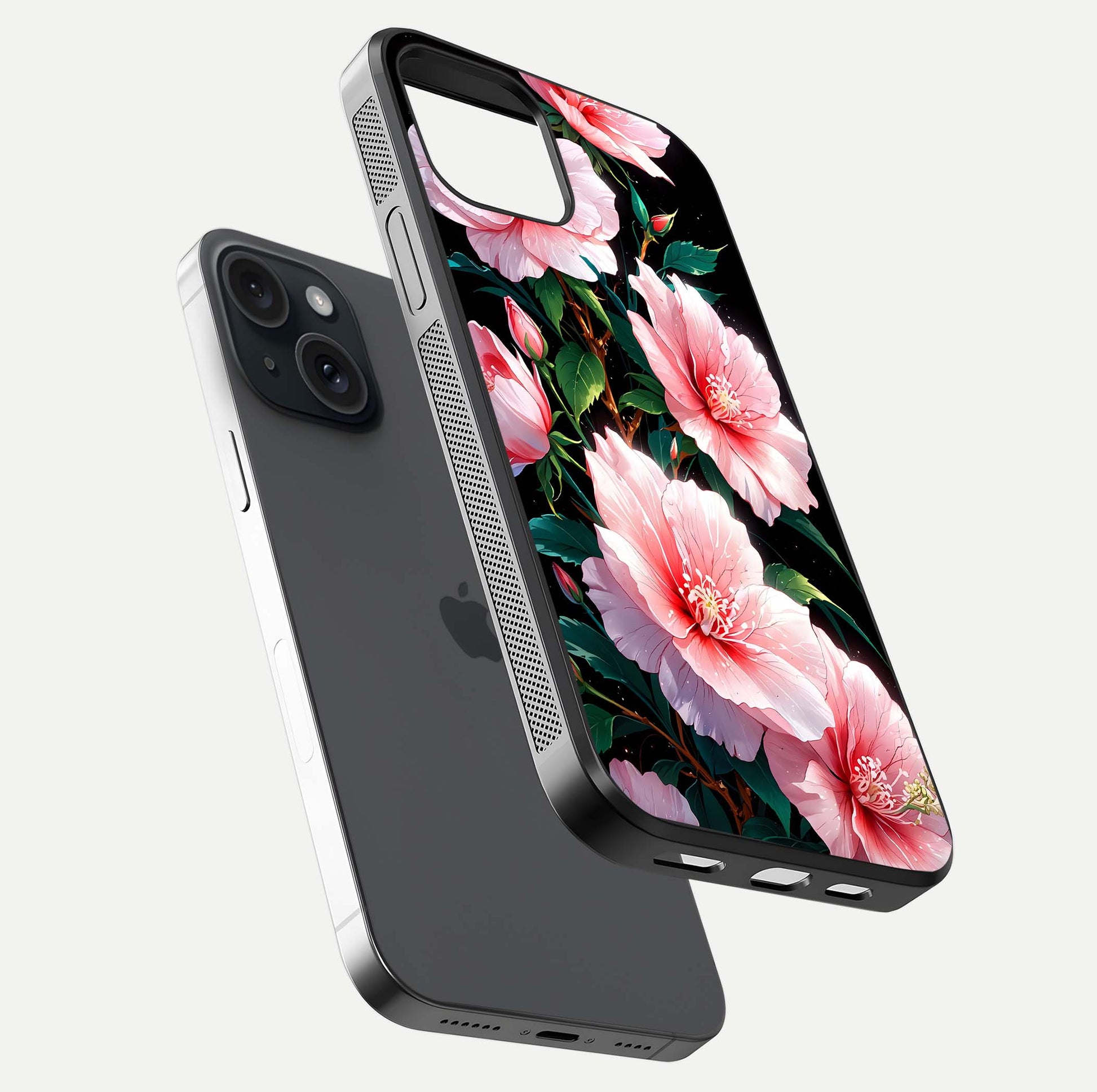 Peach Flower Glass Case for iPhone 15 floating dual-view mockup displaying shine and delicate flower art