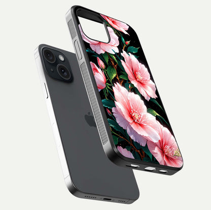 Peach Flower Glass Case for iPhone 15 floating dual-view mockup displaying shine and delicate flower art