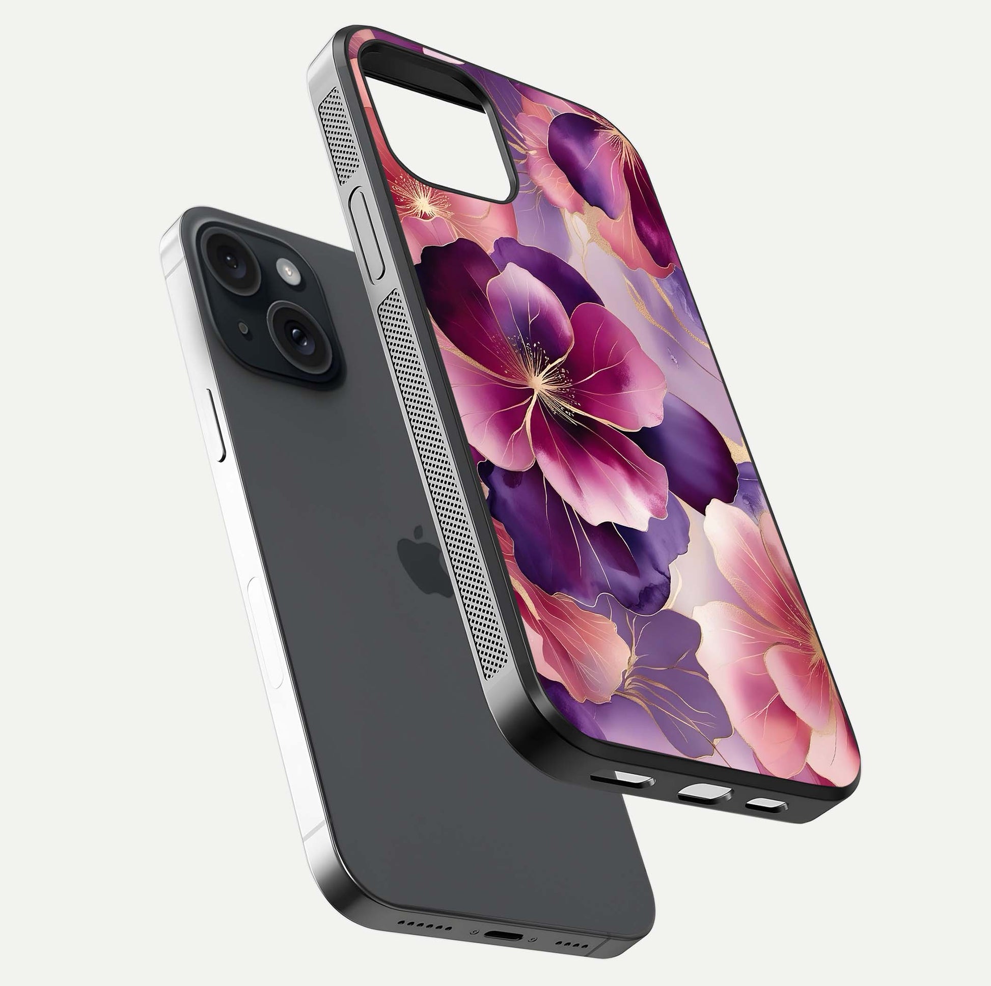 Pink Bouquet Florals Glass Case for iPhone 15 floating dual-view mockup showing gloss surface and color depth