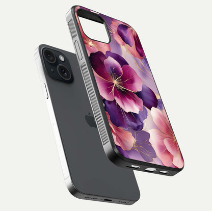 Pink Bouquet Florals Glass Case for iPhone 15 floating dual-view mockup showing gloss surface and color depth