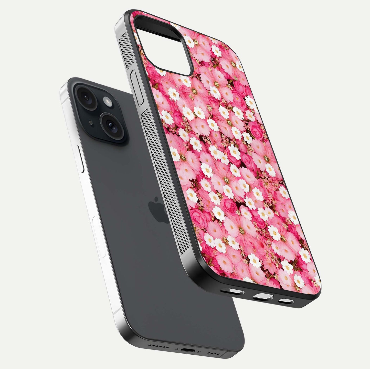 Pink Daisy Bliss Glass Case for iPhone 15 floating dual-view mockup displaying gloss shine and pastel tones