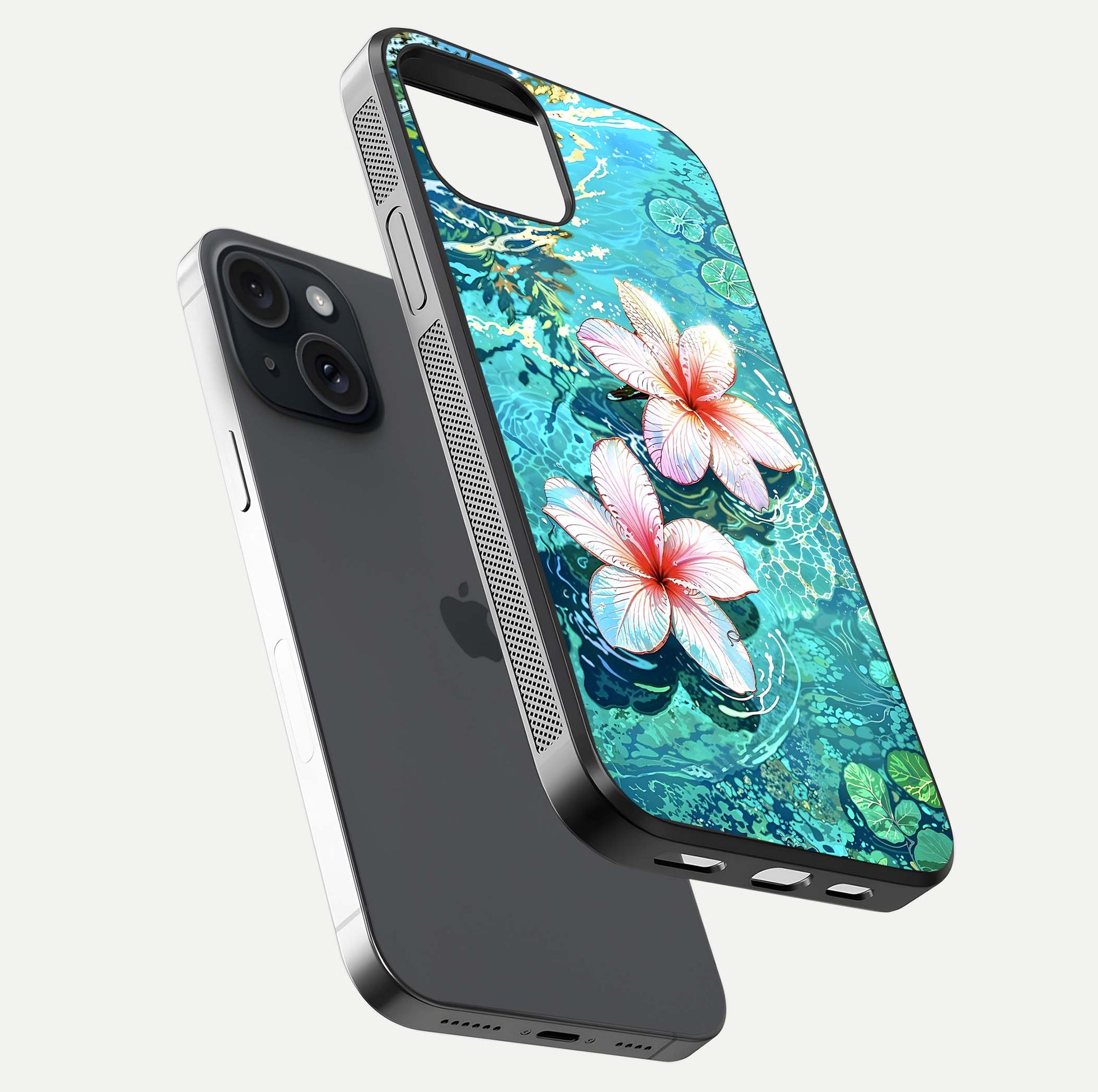 Pink Flowers in Water Glass Case for iPhone 15 floating dual-view mockup showing gloss and floral clarity