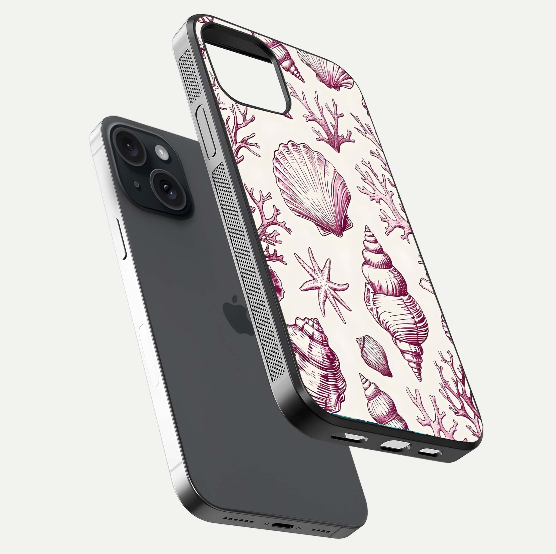 Pink Shells Outline Glass Case for iPhone 15 floating dual-view mockup displaying gloss and ocean vibe