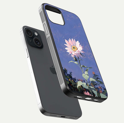 Pink Sunflower Glow Glass Case for iPhone 15 floating dual-view mockup showing gloss reflection and design depth