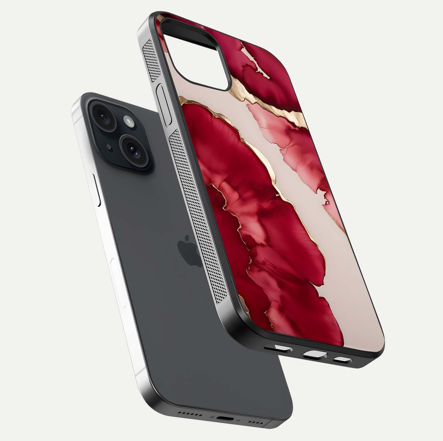 Pink & White Marble Glass Case for iPhone 15 floating dual-view mockup showing HD gloss and subtle veins