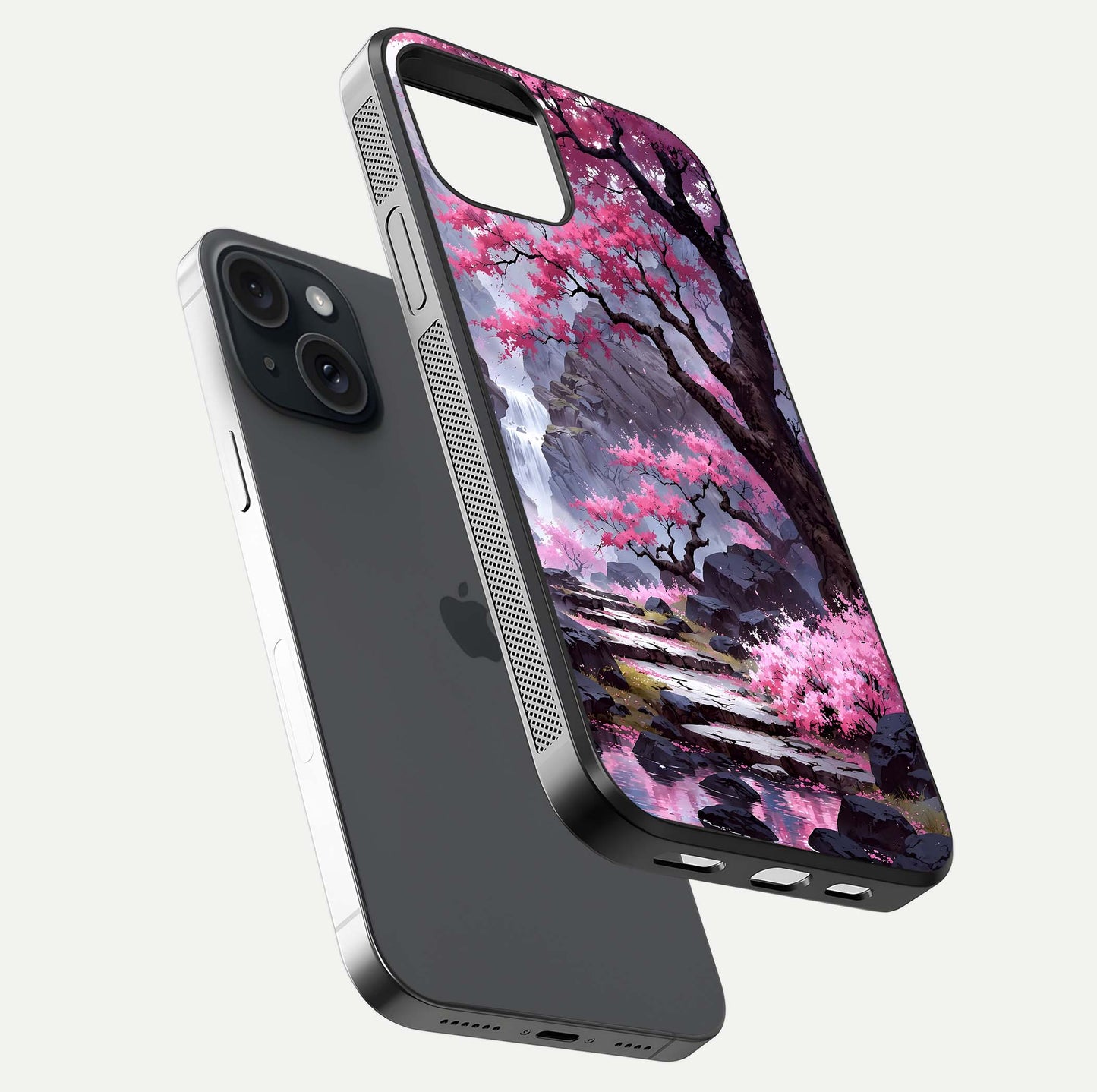 Pinkish Scenery Glass Case for iPhone 15 floating dual-view mockup displaying gloss shine and artistic tone