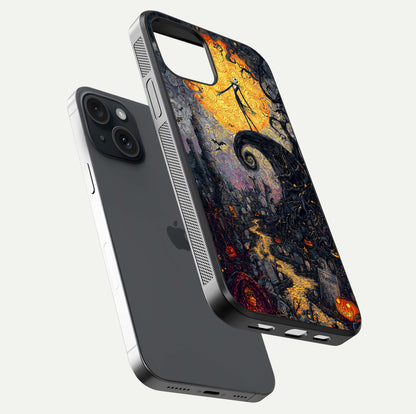 Pumpkin Moon Night Glass Case for iPhone 15 floating dual-view mockup showing HD gloss and spooky detail