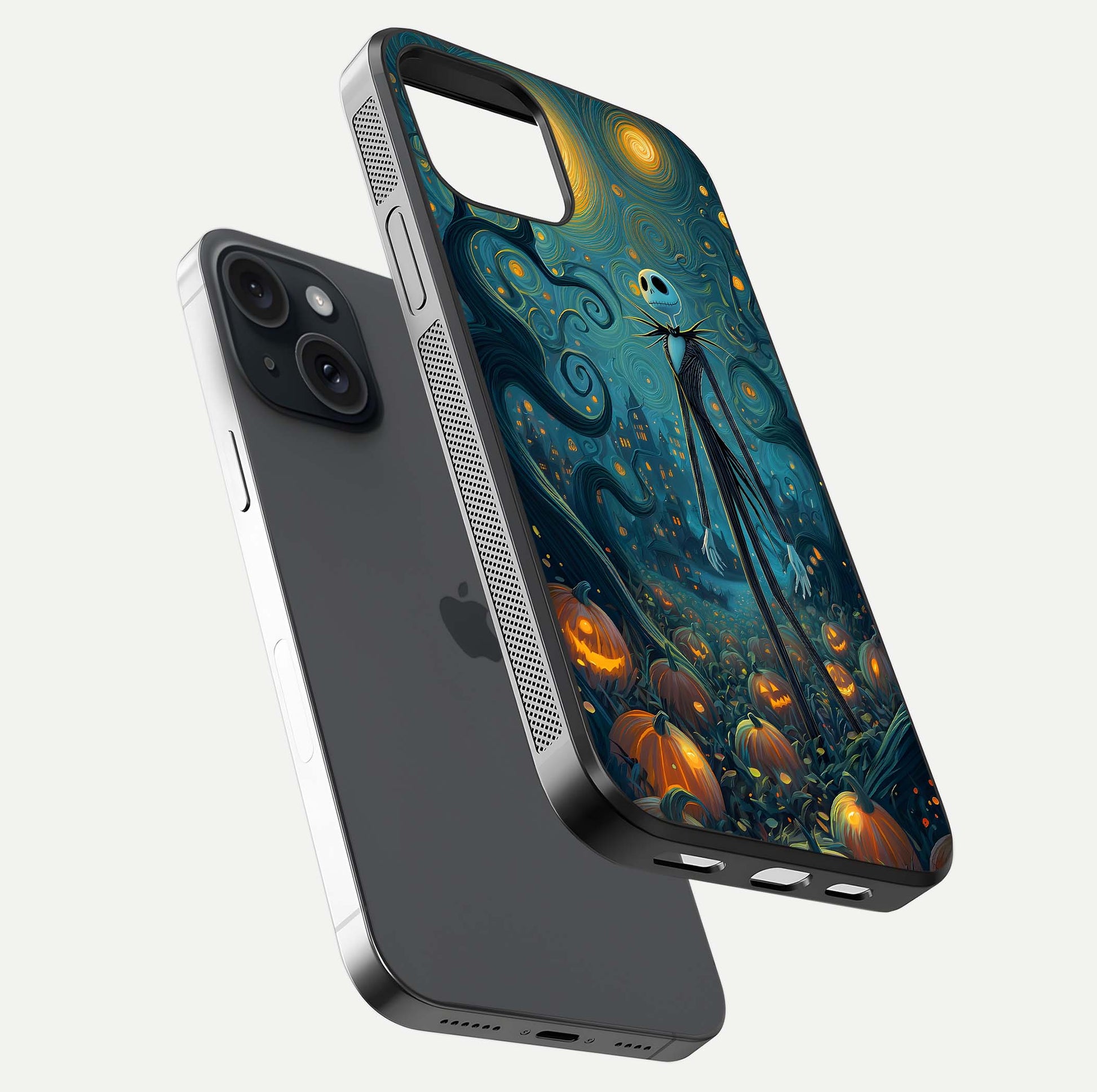 Pumpkin Moonlight Tale Glass Case for iPhone 15 floating dual-view mockup showing HD gloss and eerie design