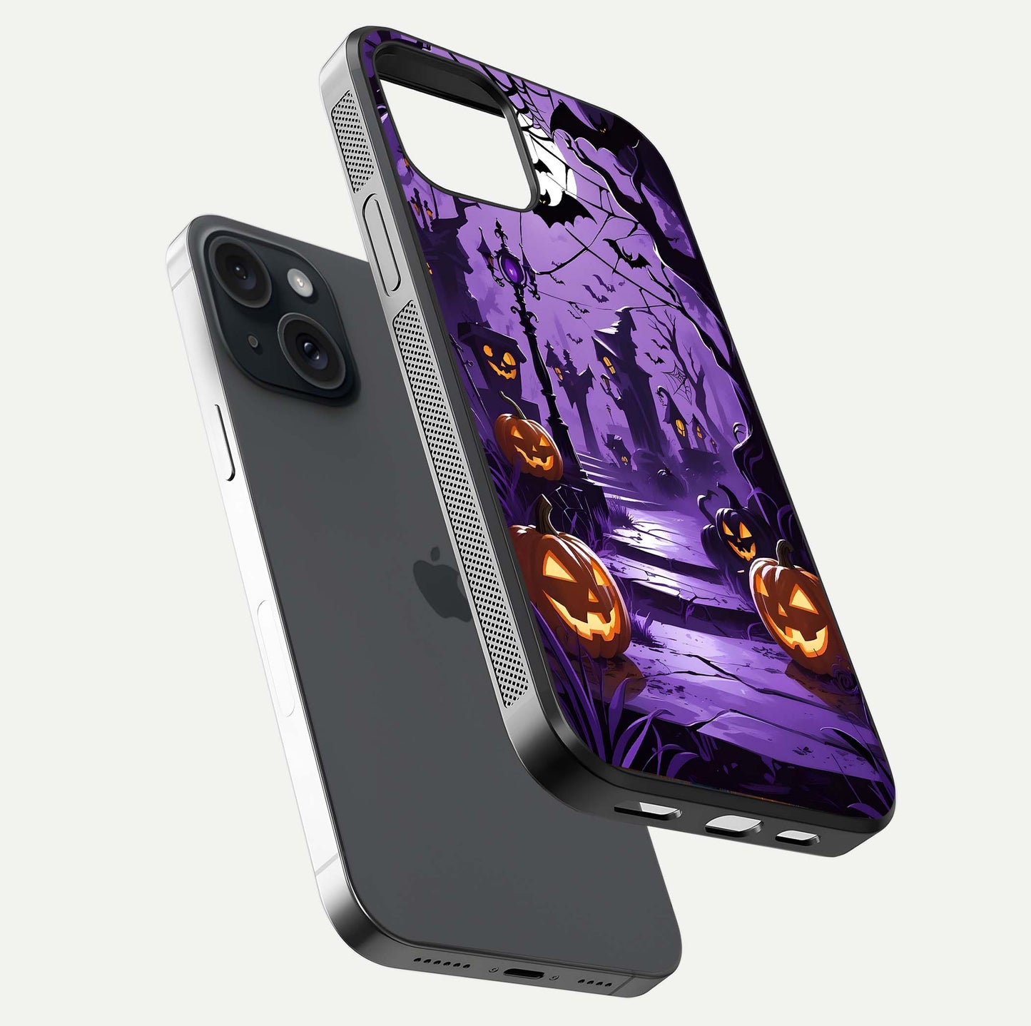 Pumpkin Patch Halloween Glass Case for iPhone 15 floating dual-view mockup displaying gloss and dark tone