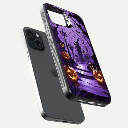 Pumpkin Patch Halloween Glass Case for iPhone 15 floating dual-view mockup displaying gloss and dark tone