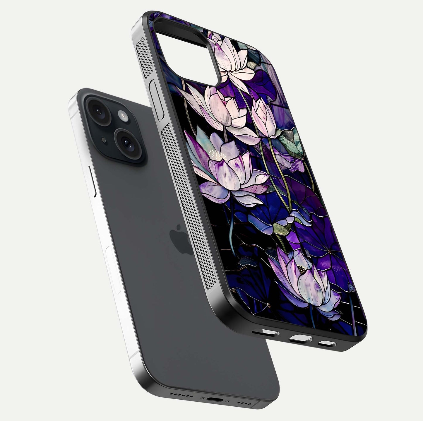 Purple Lotus Pattern Glass Case for iPhone 15 floating dual-view mockup showing glass shine and vivid purple hue