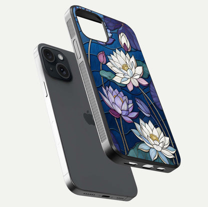 Purple Lotus Stained Glass Case for iPhone 15 floating dual-view mockup displaying color depth and glass clarity