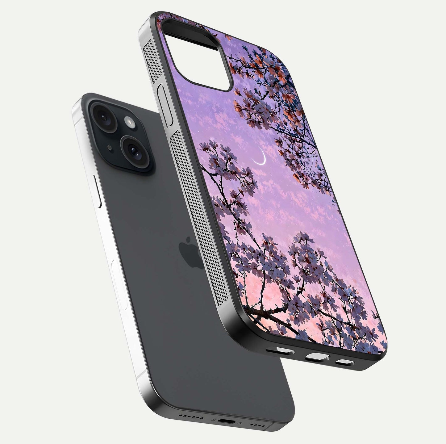 Purple Serenity Moon Glass Case for iPhone 15 floating dual-view mockup showing gloss and cosmic detail