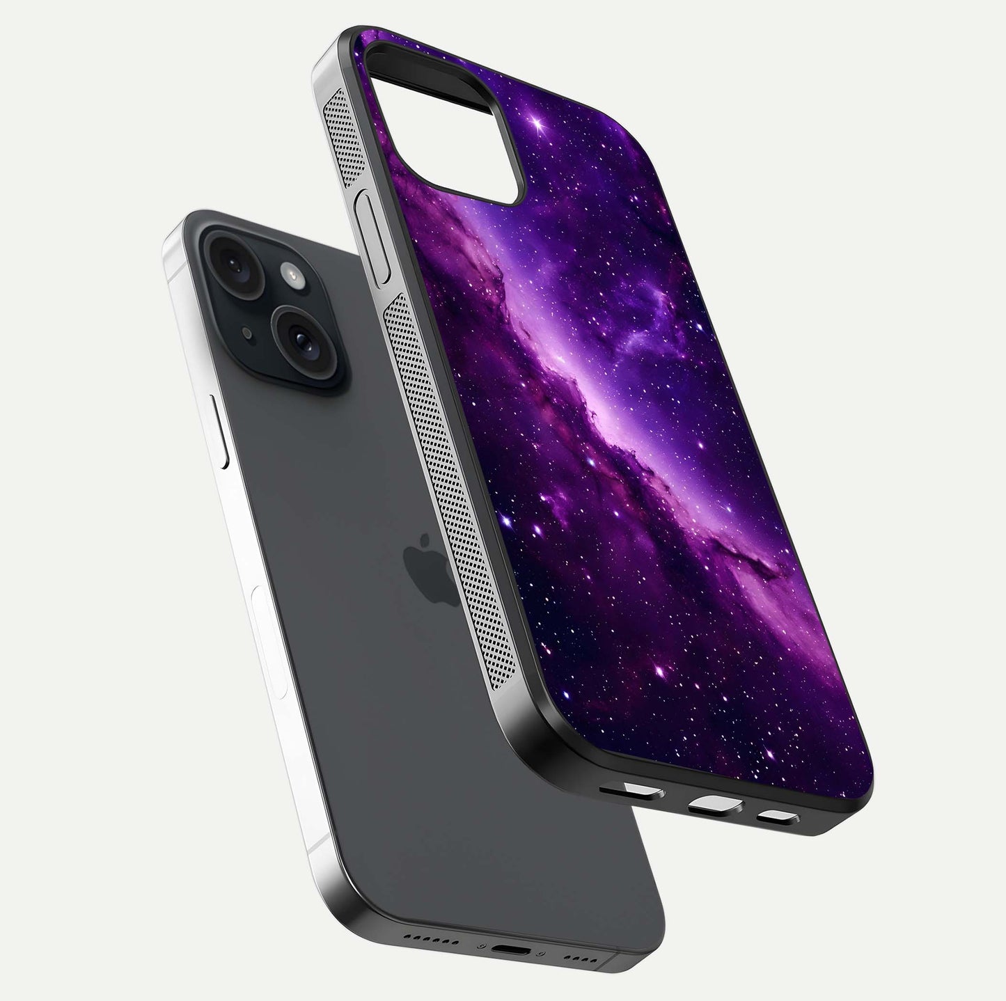 Purple Shade Sky Glass Case for iPhone 15 floating dual-view mockup displaying gloss and sky theme
