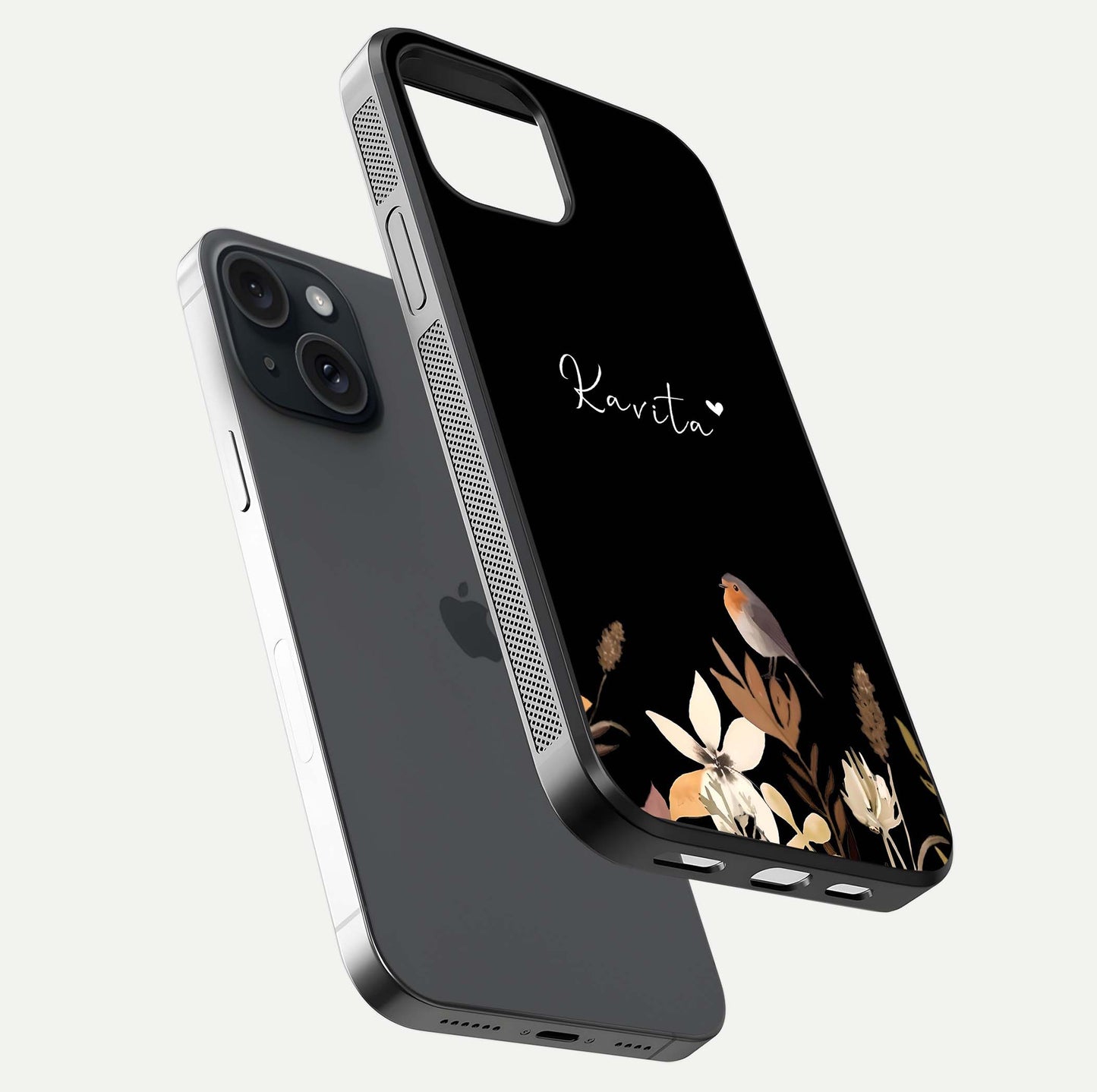 Quiet Garden Tune Custom Name Glass Case for iPhone 15 floating dual-view mockup showing gloss and elegant detail