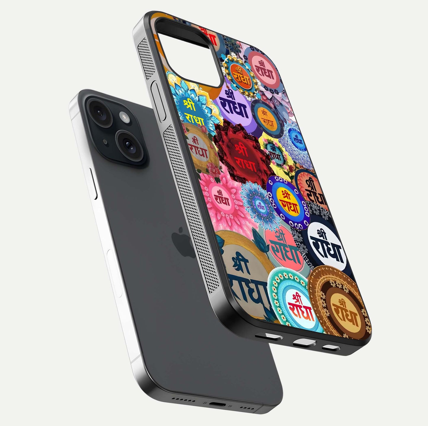 Radha Divine Bloom Glass Case for iPhone 15 floating dual-view mockup showing gloss depth and HD art