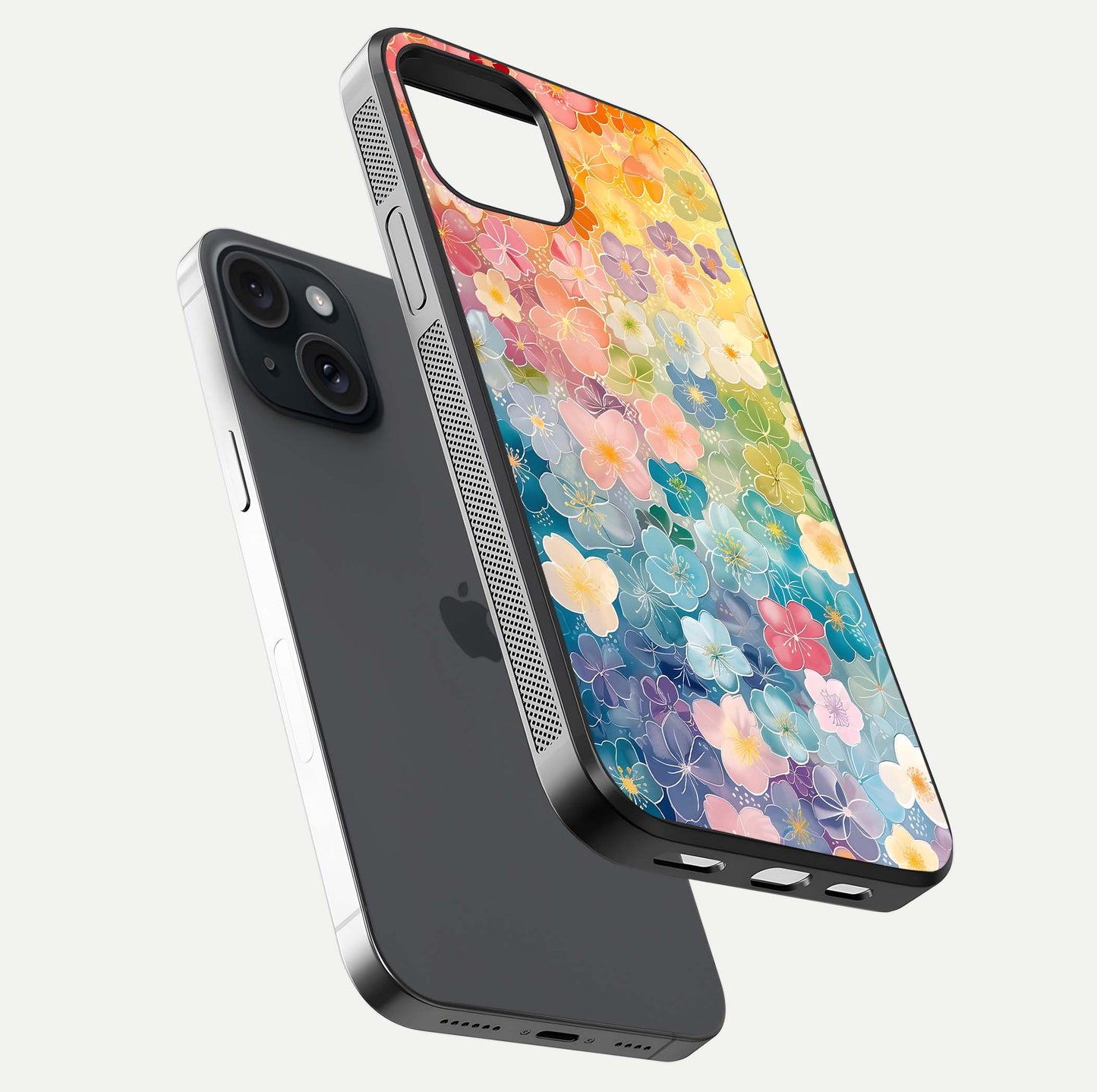 Rainbow Blossom Burst Glass Case for iPhone 15 floating dual-view mockup displaying gloss and gradient pattern