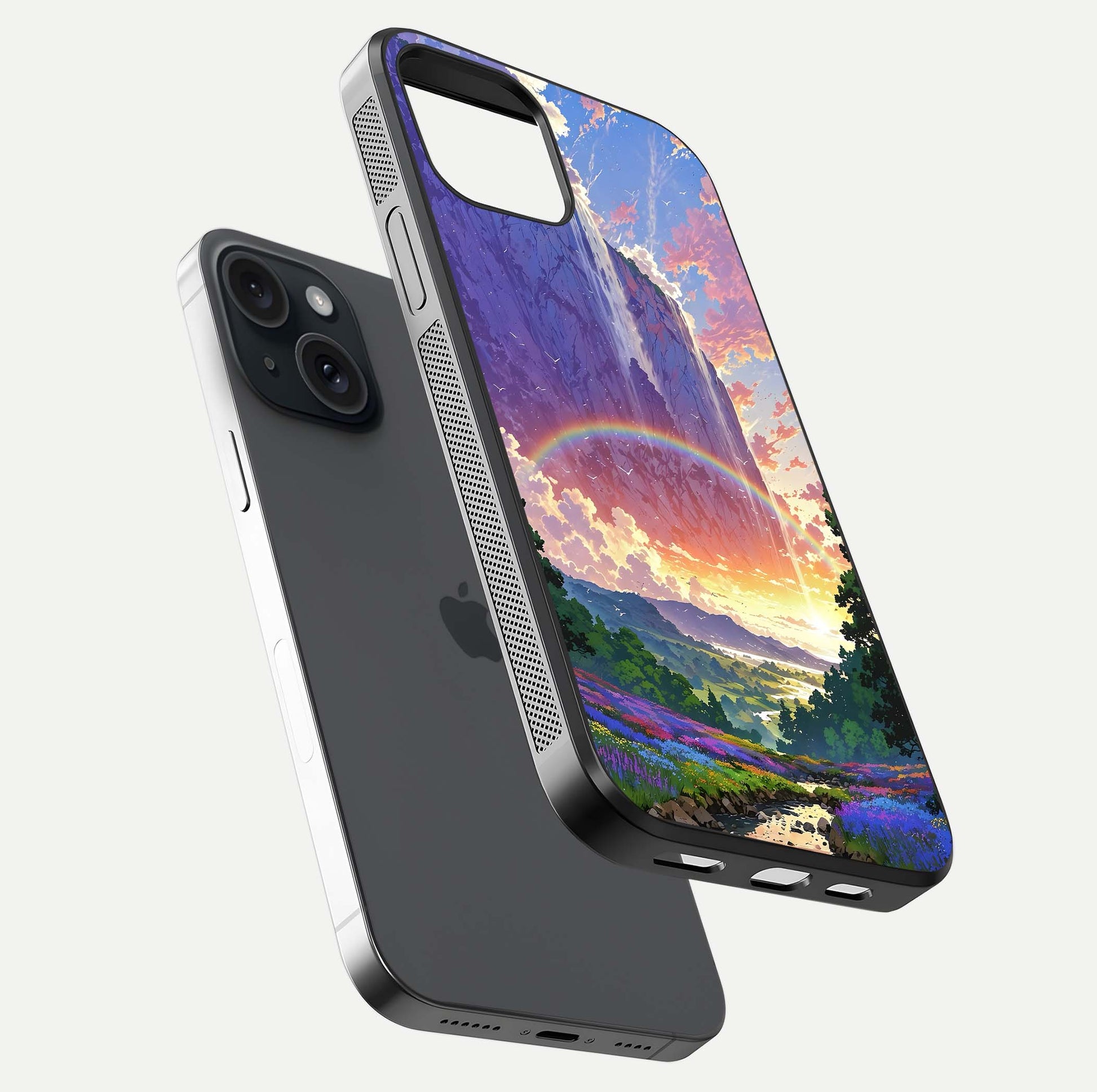 Rainbow Valley Dream Glass Case for iPhone 15 floating dual-view mockup showing gloss texture and dream vibe
