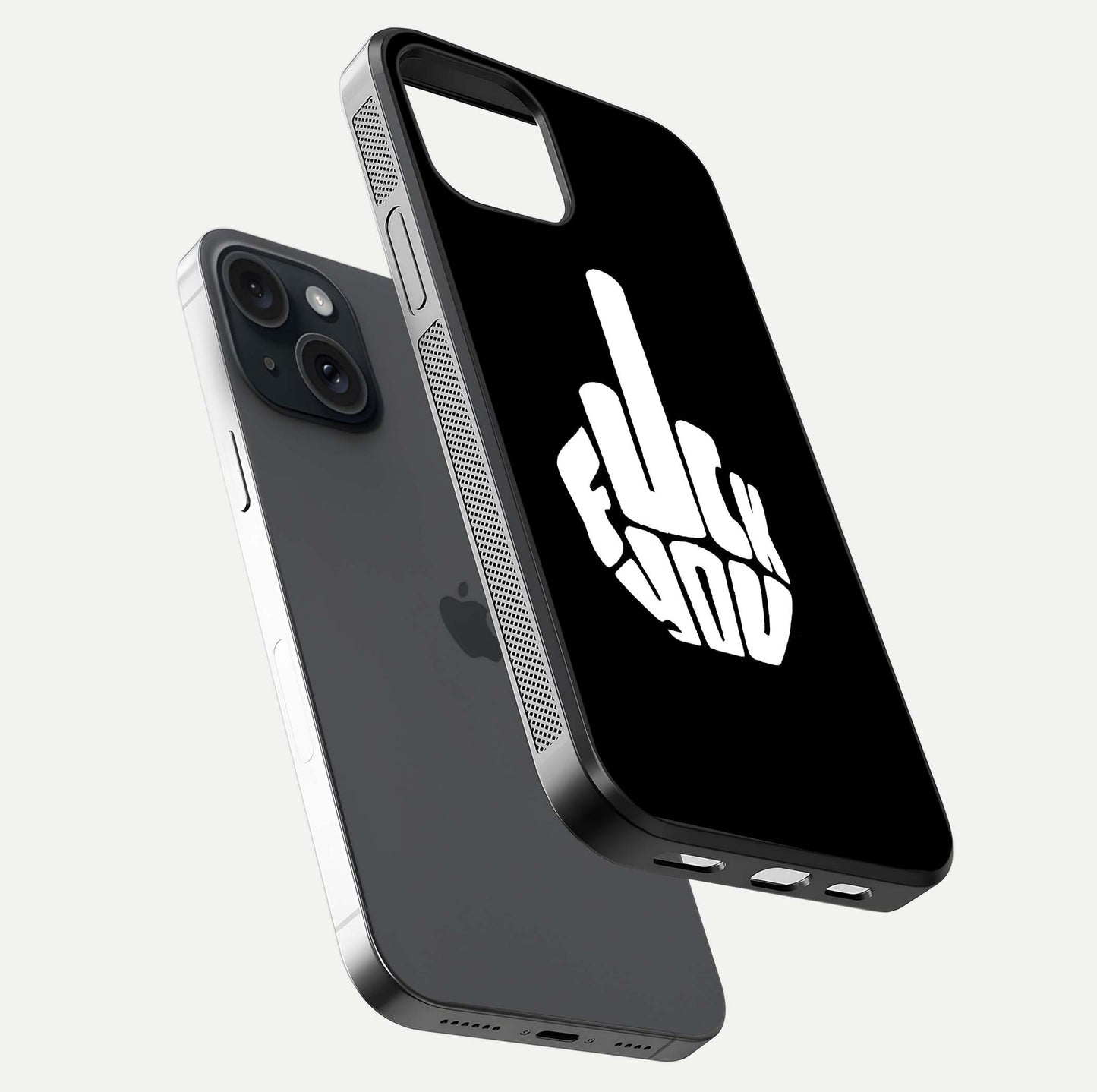 Rebel Mode On Glass Case for iPhone 15 floating dual-view mockup displaying gloss shine and statement art
