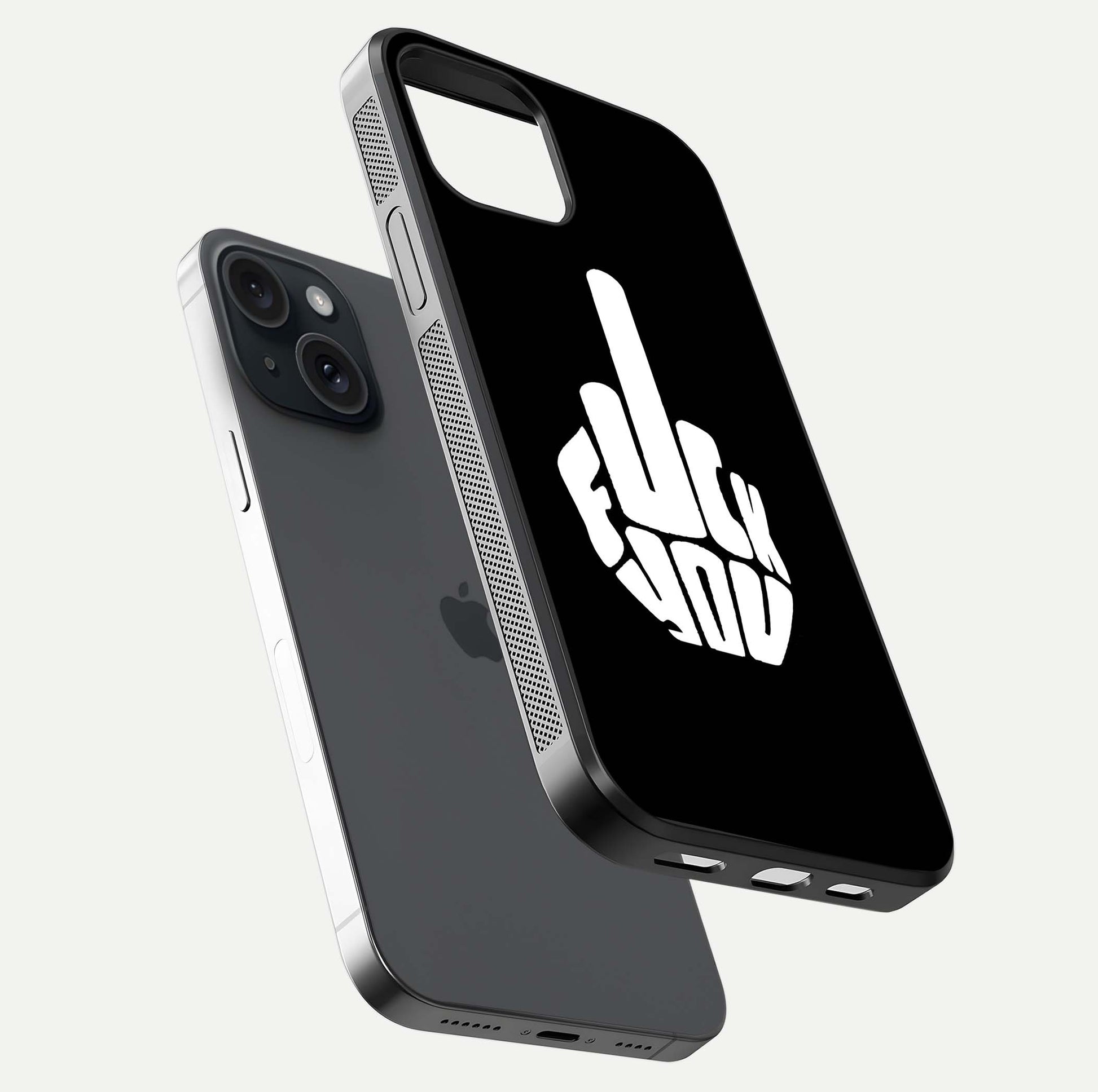 Rebel Mode On Glass Case for iPhone 15 floating dual-view mockup displaying gloss shine and statement art