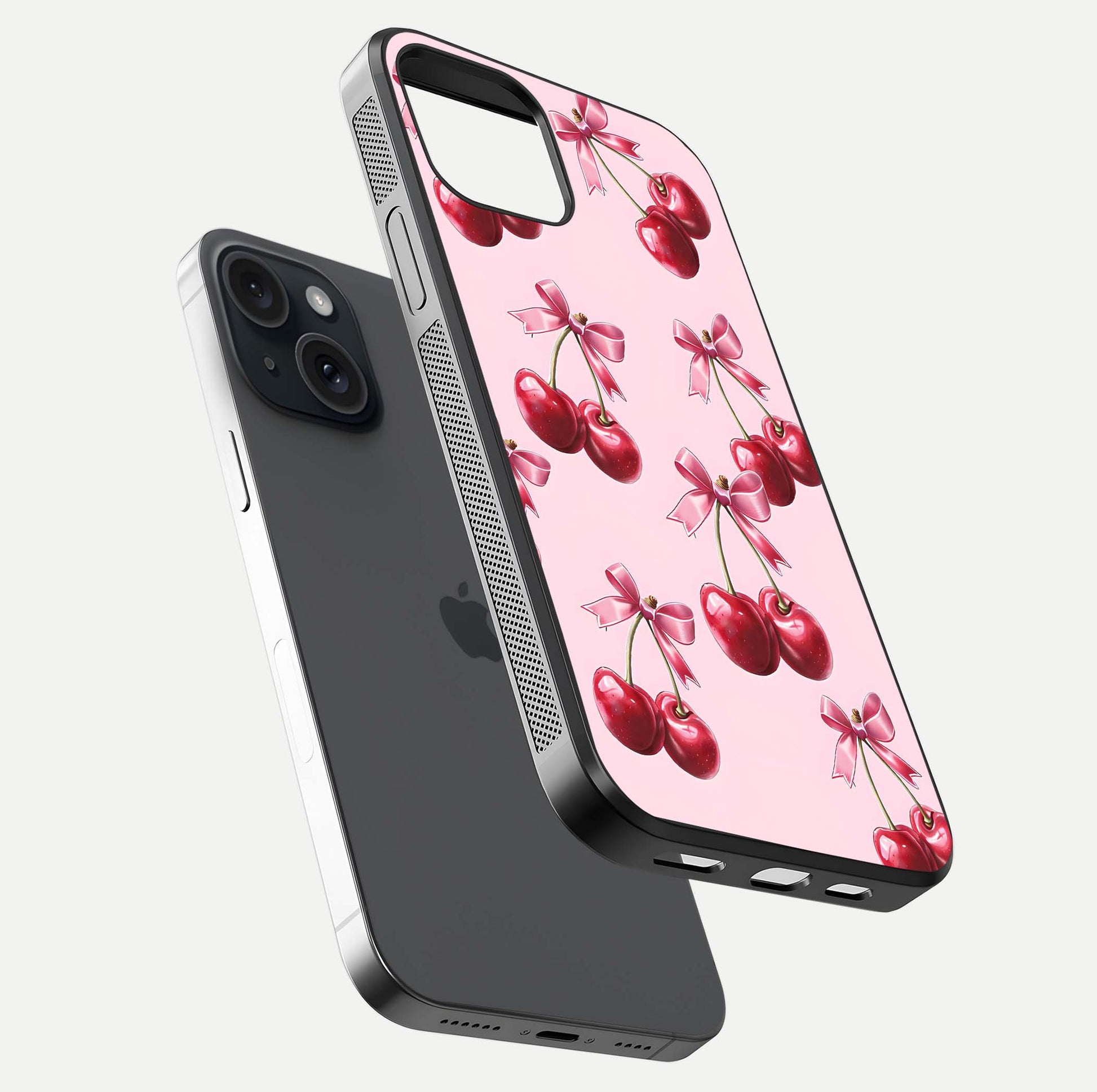 Red Cherries Pattern Glass Case for iPhone 15 floating dual-view mockup showing gloss and color contrast