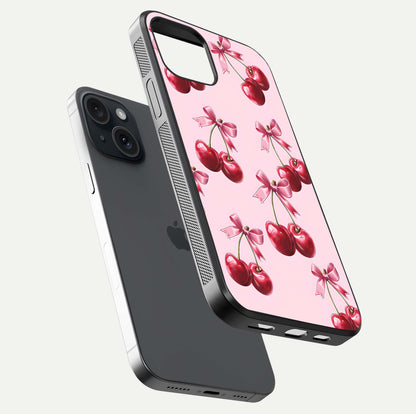 Red Cherries Pattern Glass Case for iPhone 15 floating dual-view mockup showing gloss and color contrast