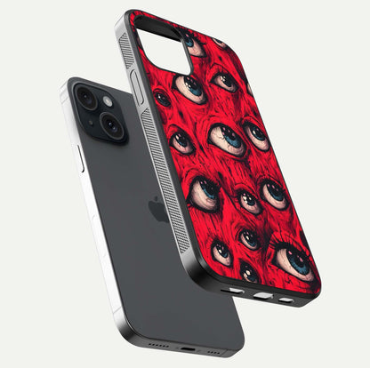 Red Eyes Pattern Glass Case for iPhone 15 floating dual-view mockup displaying reflection and gloss texture