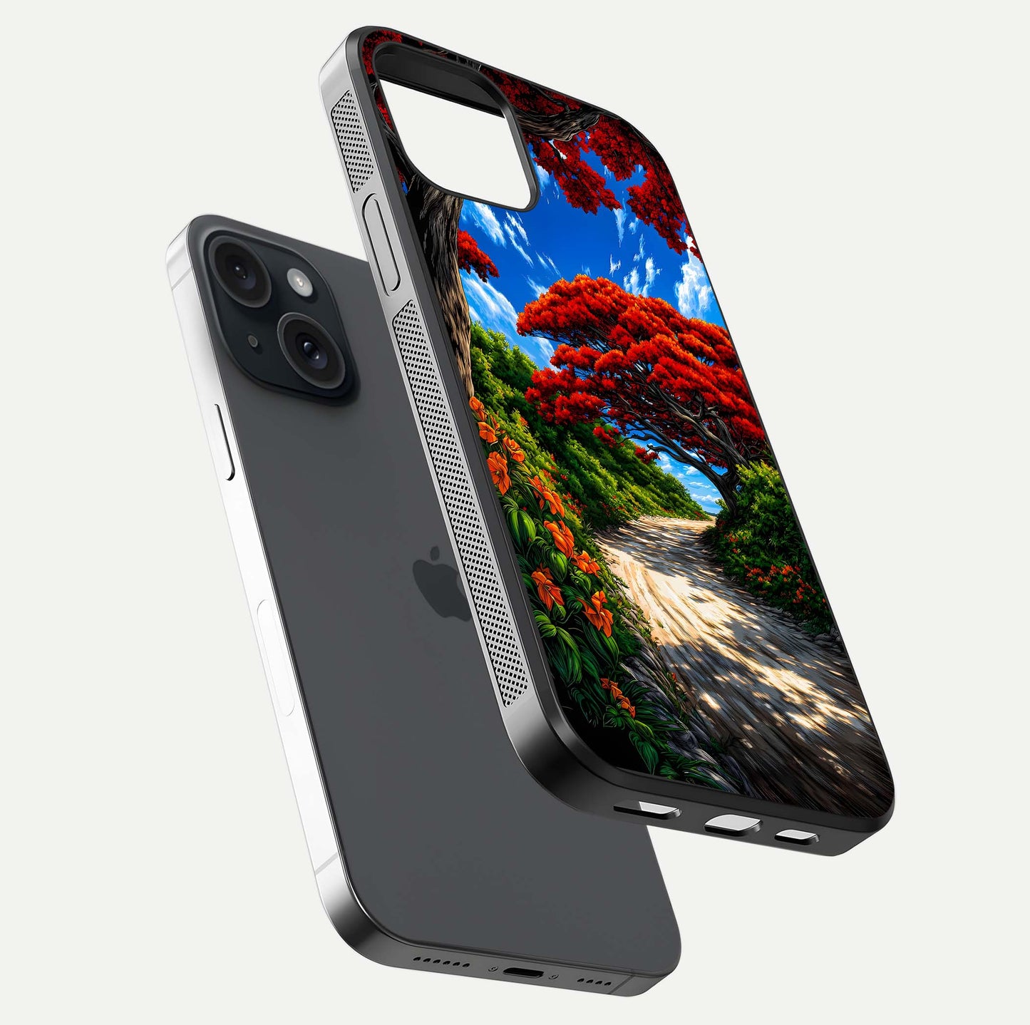 Red Trees Pathway Glass Case for iPhone 15 floating dual-view mockup displaying gloss texture and print depth