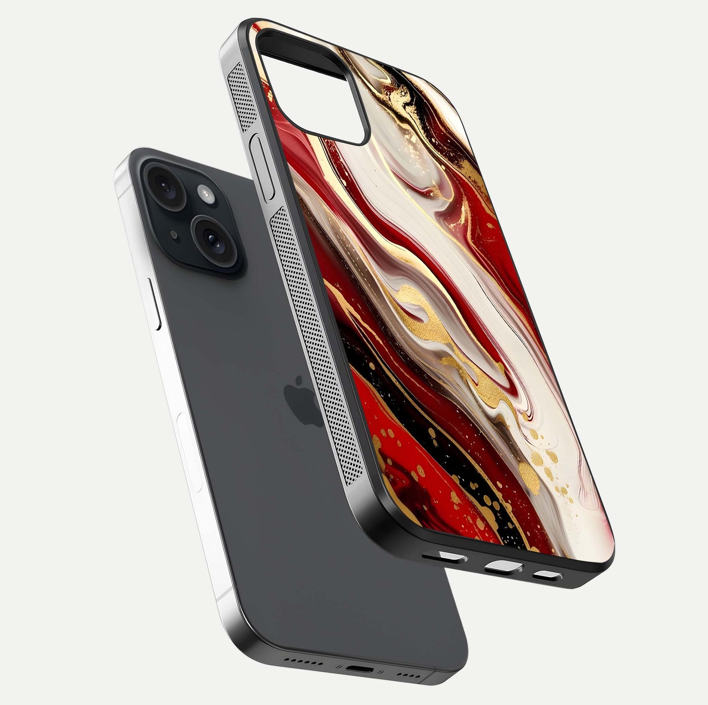 Red & White Marble Glass Case for iPhone 15 floating dual-view mockup displaying glossy texture and pattern depth