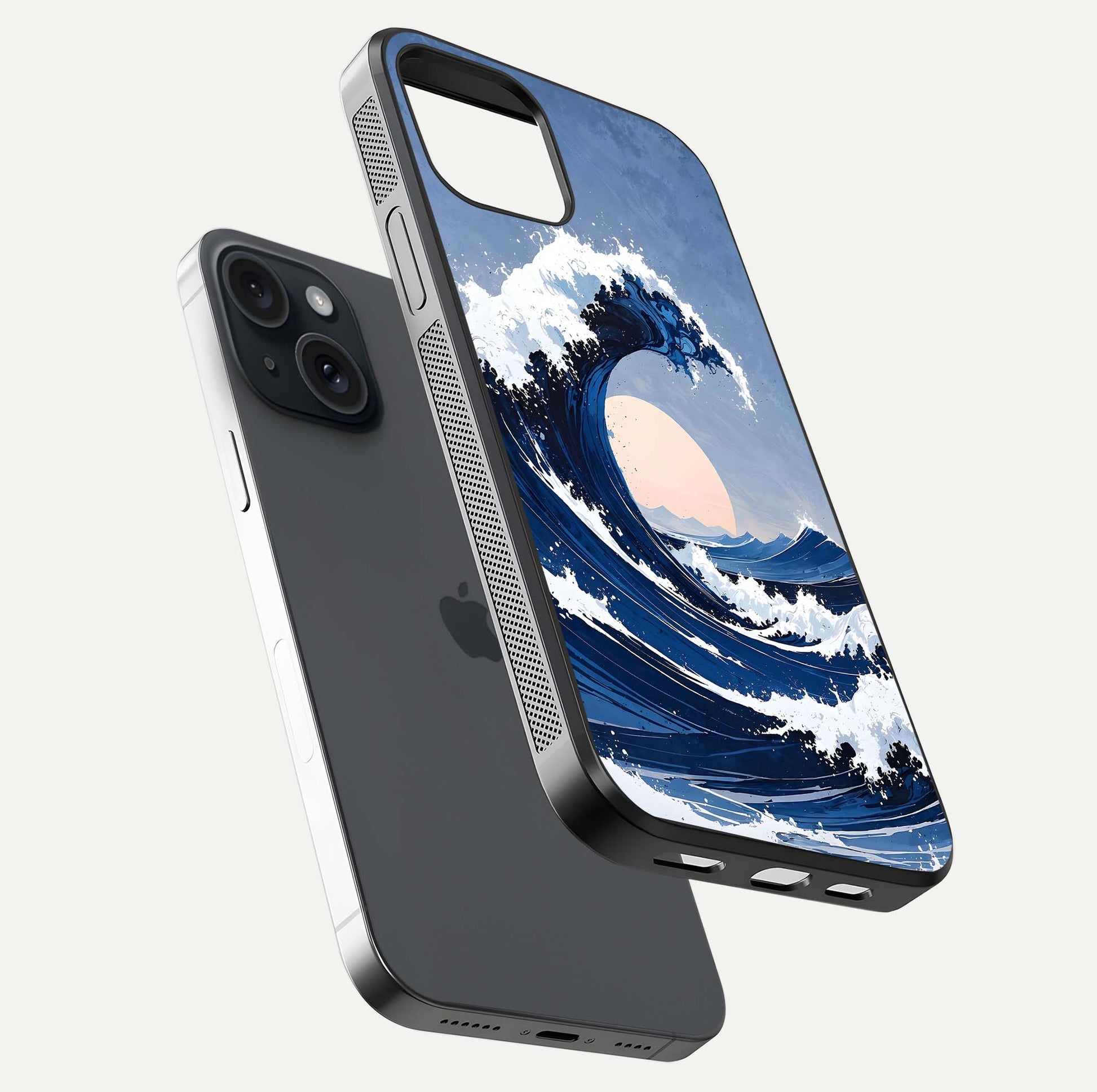 Rising Tide Power Glass Case for iPhone 15 floating dual-view mockup displaying gloss texture and flow pattern