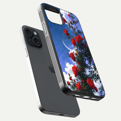 Rose Drift Flowers Glass Case for iPhone 15 floating dual-view mockup showing gloss shine and floral tone