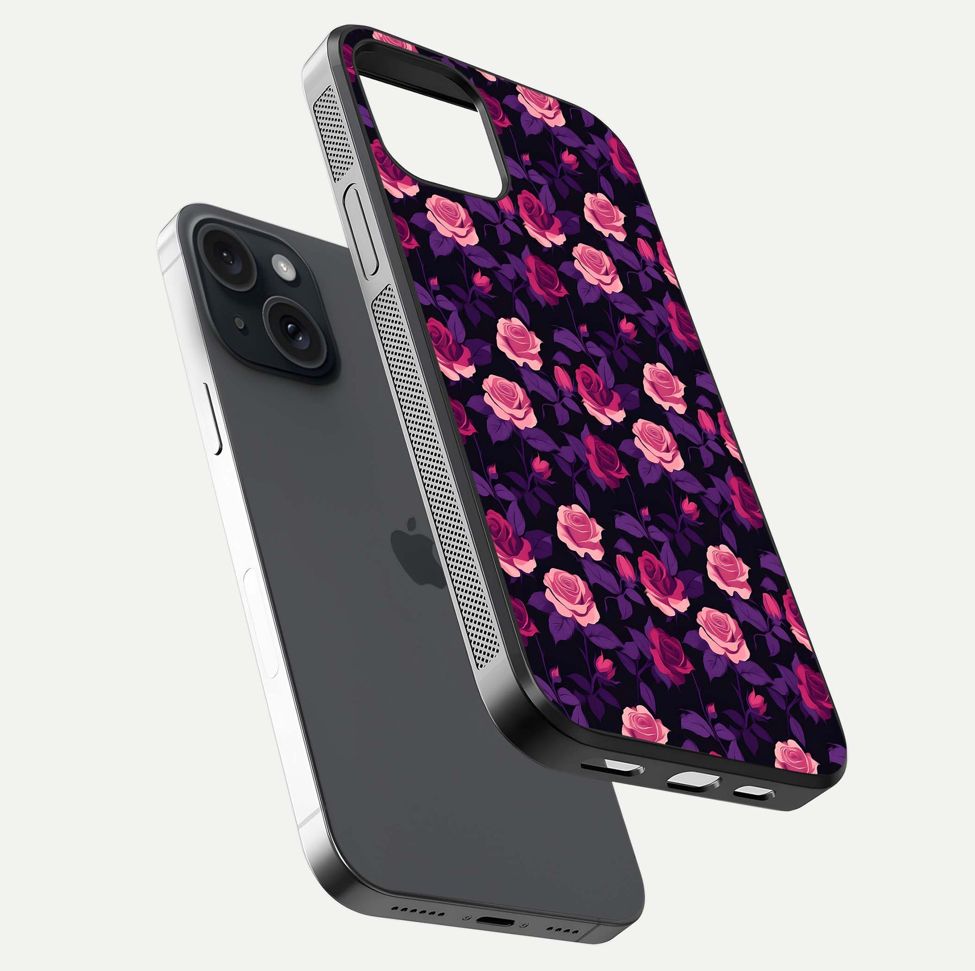 Rose Garden Twilight Glass Case for iPhone 15 floating dual-view mockup displaying gloss surface and depth