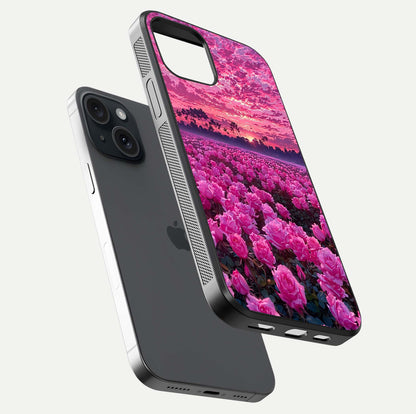 Rose Sunset Valley Glass Case for iPhone 15 floating dual-view mockup showing gloss reflection and art depth
