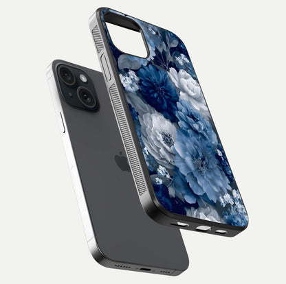 Royal Bloom Garden Glass Case for iPhone 15 floating dual-view mockup displaying gloss and print clarity