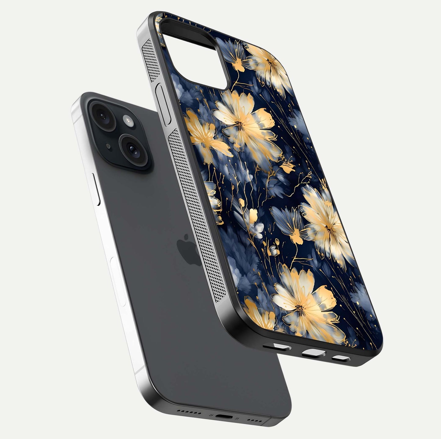Royal Petal Dream Glass Case for iPhone 15 floating dual-view mockup displaying gloss reflection and tone contrast