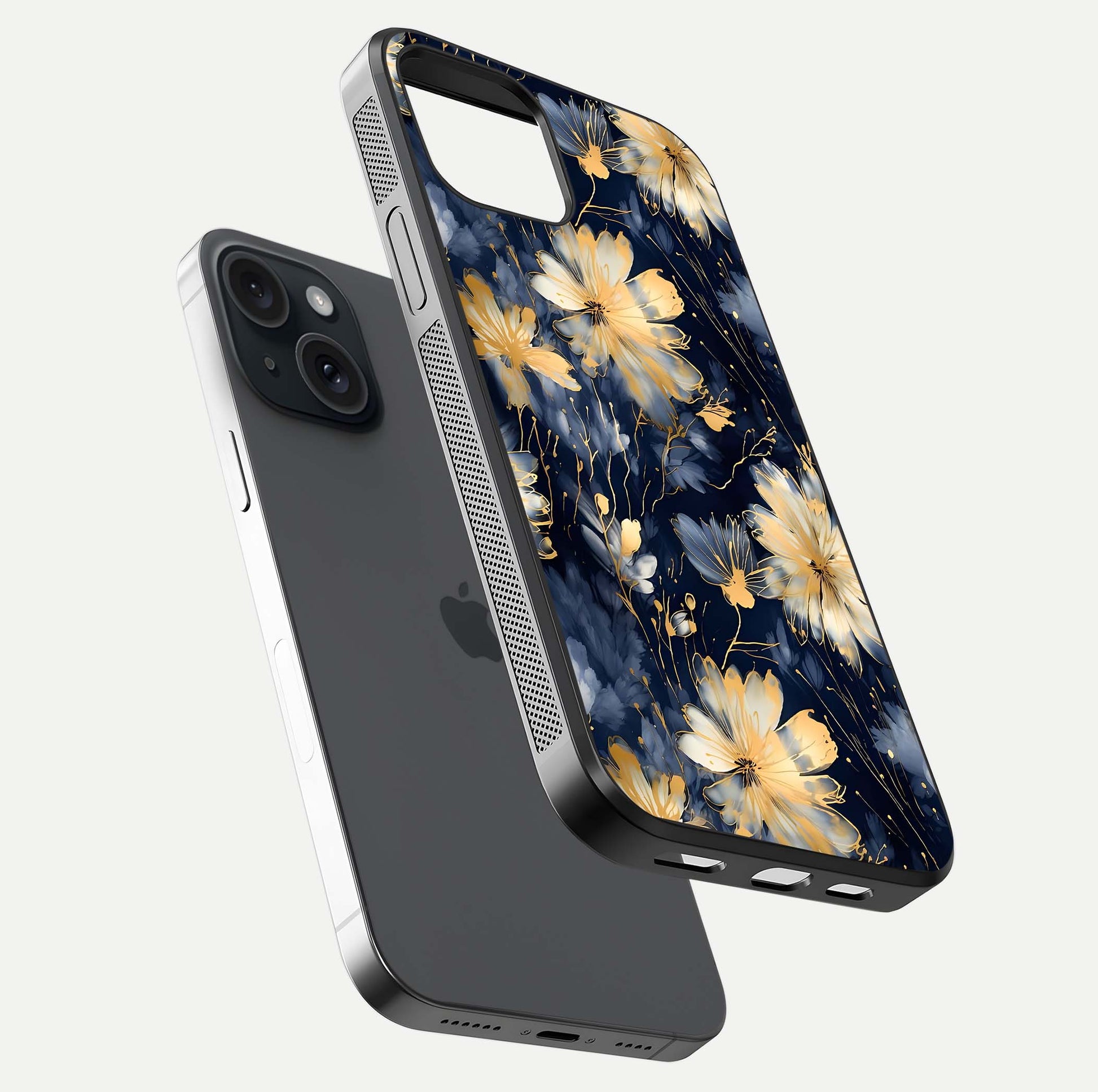 Royal Petal Dream Glass Case for iPhone 15 floating dual-view mockup displaying gloss reflection and tone contrast