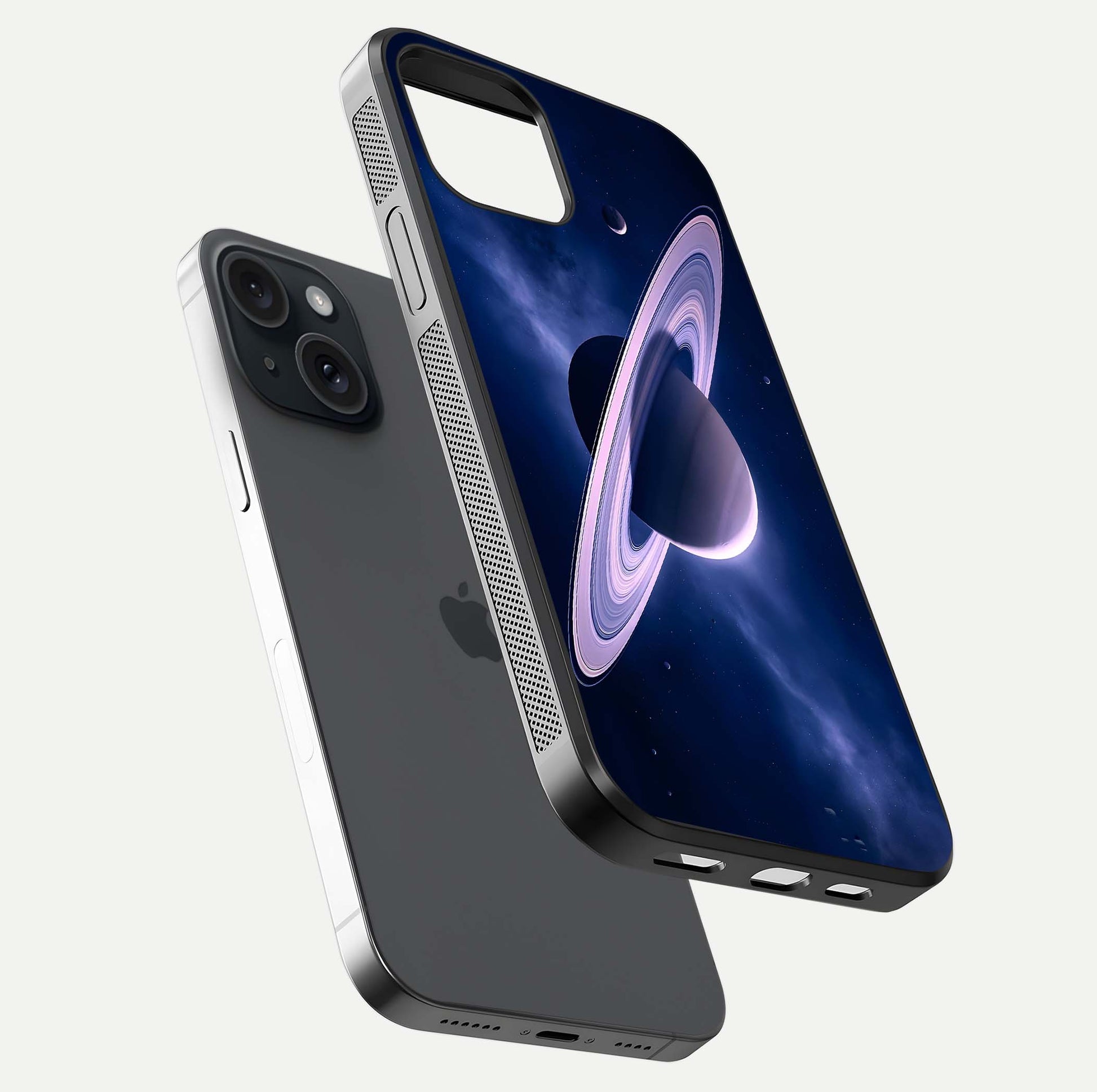 Saturn Ring Mystique Glass Case for iPhone 15 floating dual-view mockup showing gloss finish and star detail
