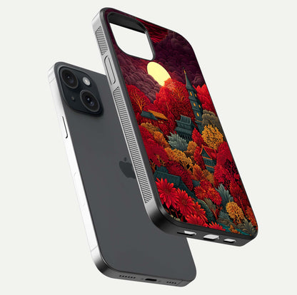 Scarlet Autumn Temple Glass Case for iPhone 15 floating dual-view mockup displaying gloss shine and autumn tones