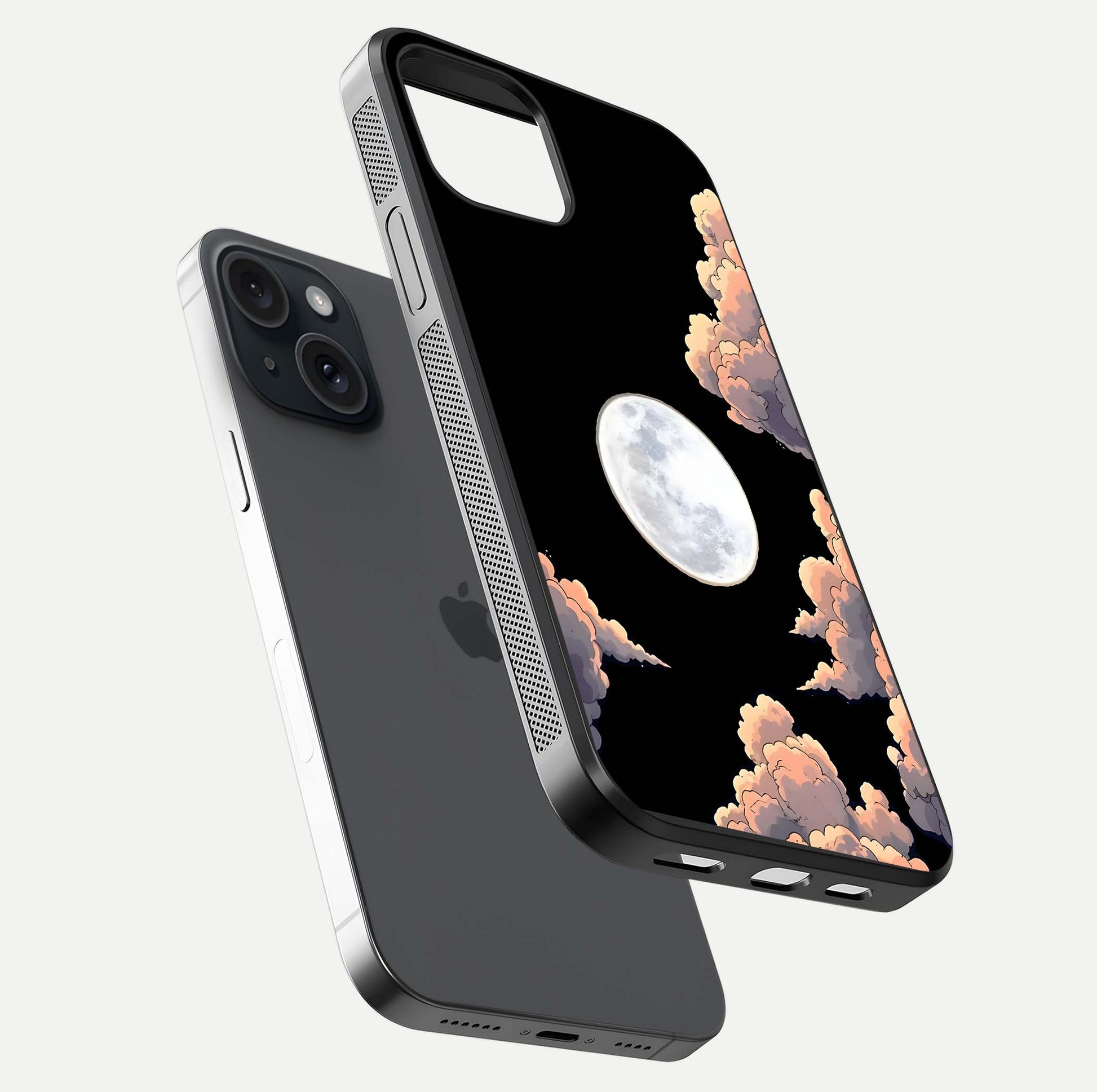Shade Cloud Moon Glass Case for iPhone 15 floating dual-view mockup showing gloss and celestial texture