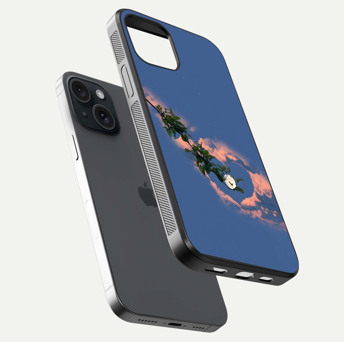 Sky Under Tree Glass Case for iPhone 15 floating dual-view mockup displaying gloss reflection and landscape tone