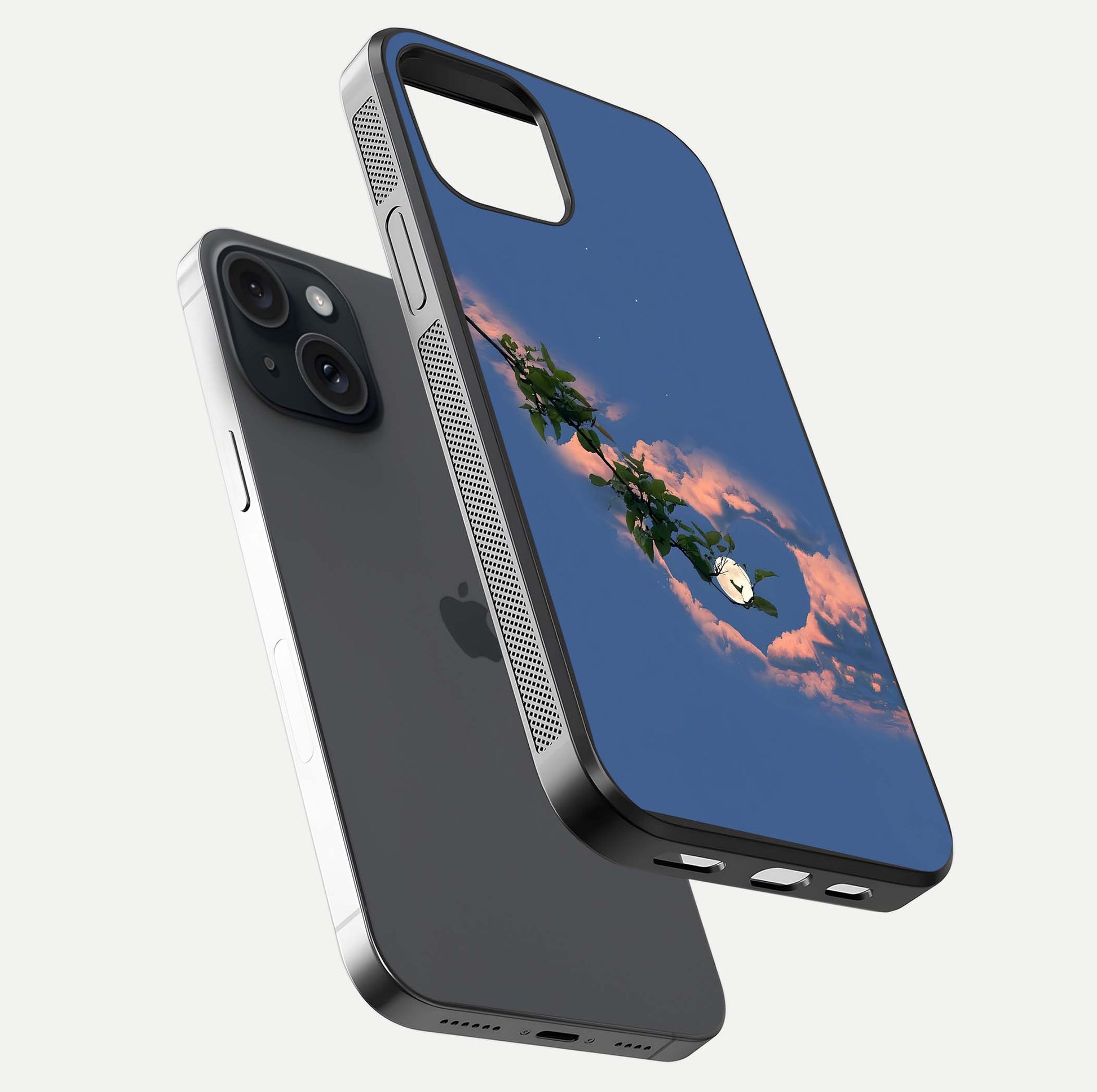 Sky Under Tree Glass Case for iPhone 15 floating dual-view mockup displaying gloss reflection and landscape tone