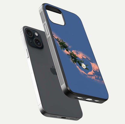 Sky Under Tree Glass Case for iPhone 15 floating dual-view mockup displaying gloss reflection and landscape tone