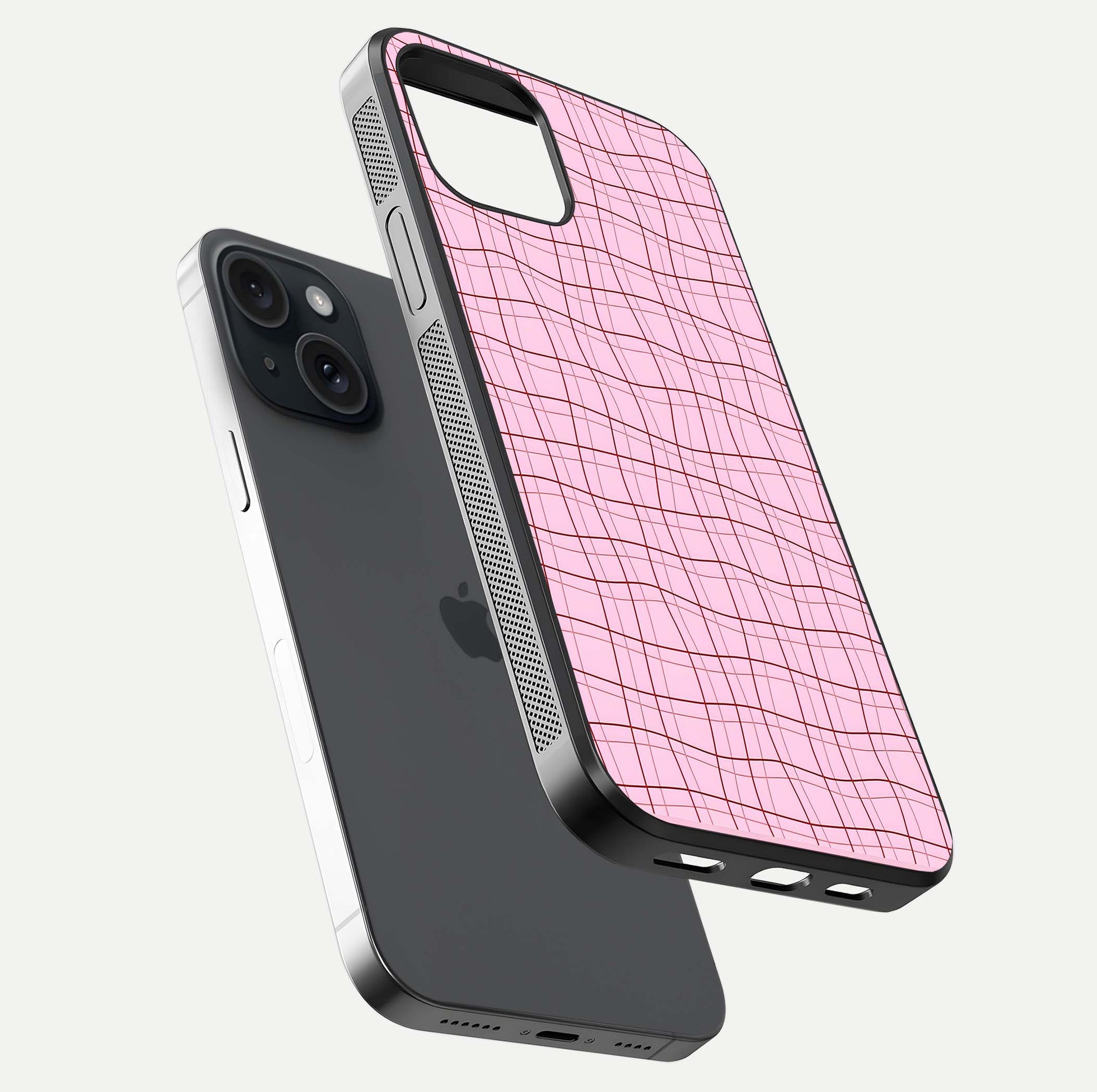 Soft Grid Bliss iPhone 15  glass phone case floating view emphasizing glossy surface and minimal styling