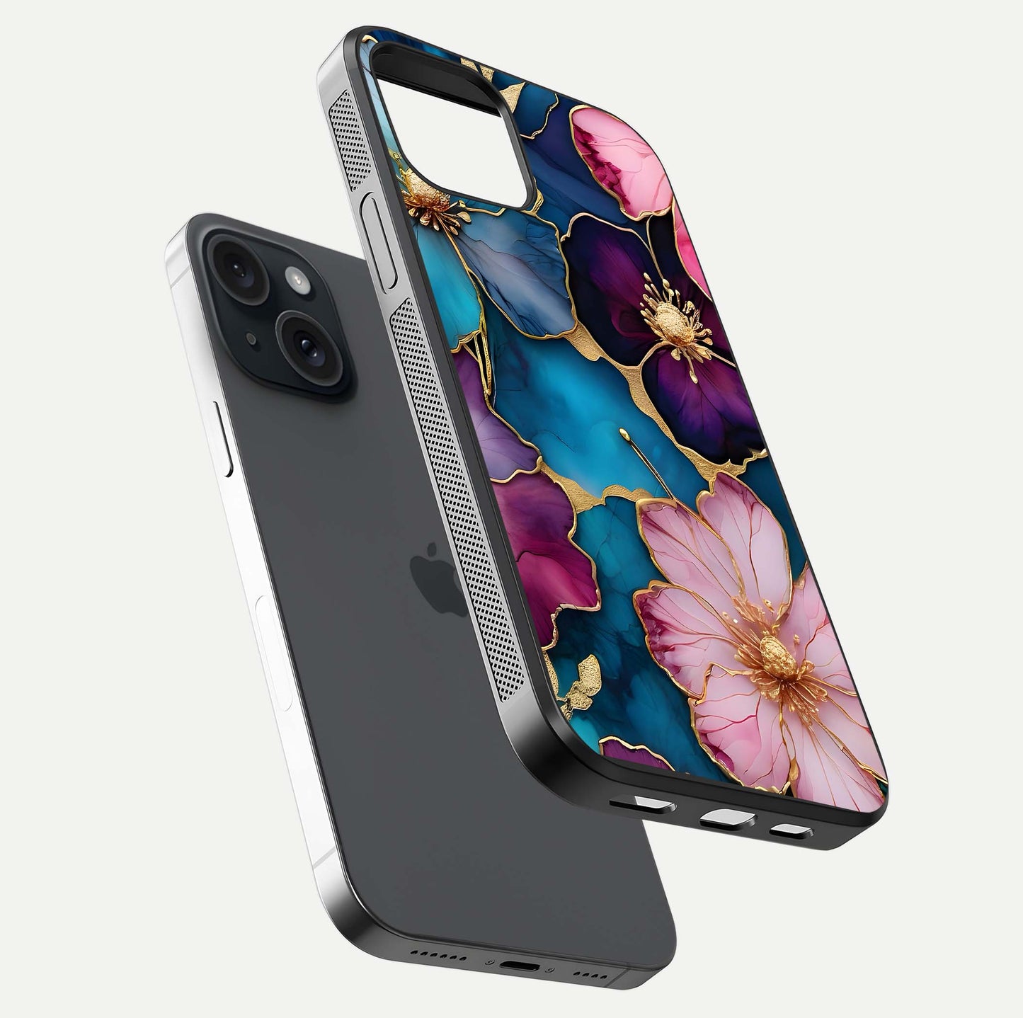Sparkle Floral Glass Case for iPhone 15 floating dual-view mockup displaying gloss surface and sparkle effect
