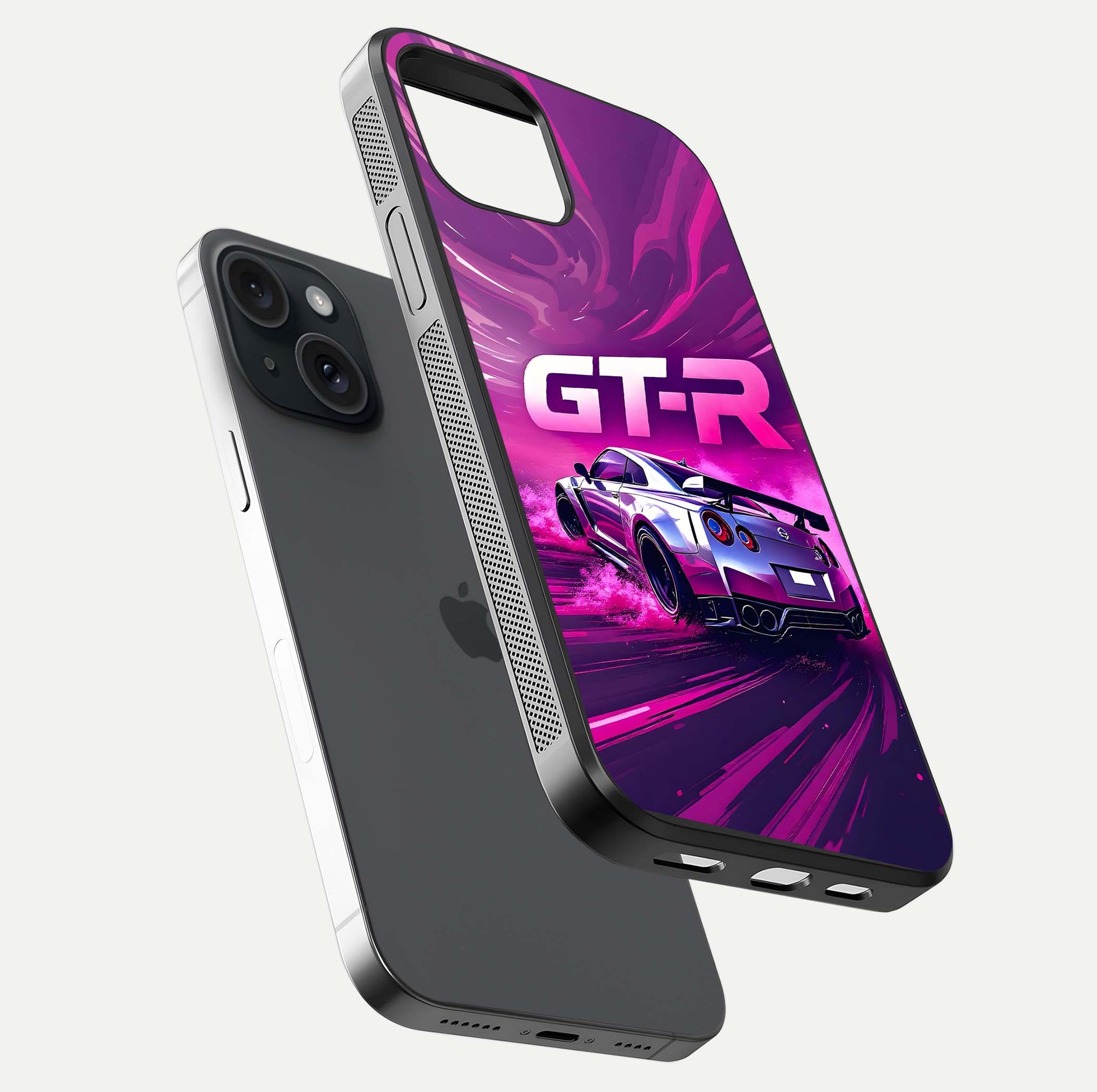 Speed Drift Legend Glass Case for iPhone 15 floating dual-view mockup displaying gloss shine and motion effect